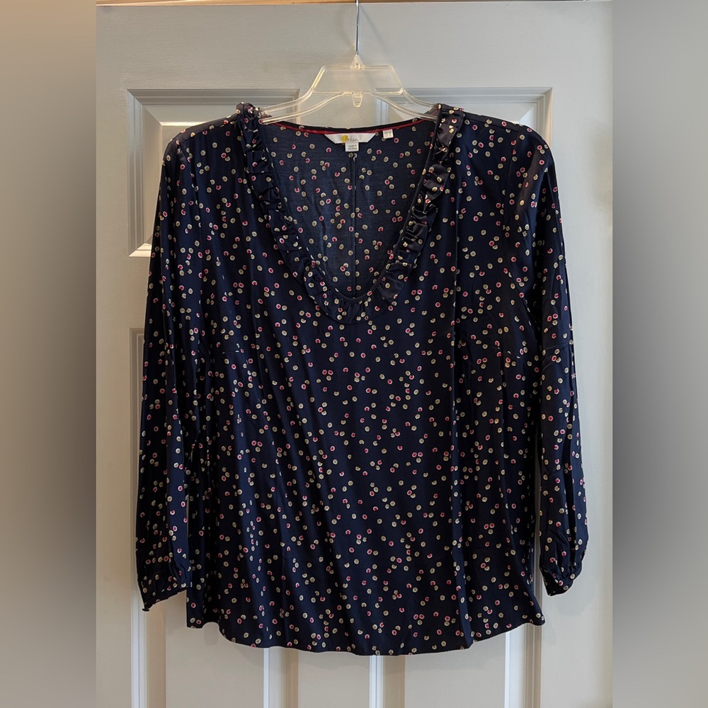 Boden Ruffled V-neck Silk Viscose Blend Long Sleeve Women's Top